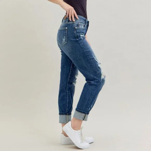 Judy Blue Cuffed Destroy Boyfriend Jeans - Picture 2 of 3